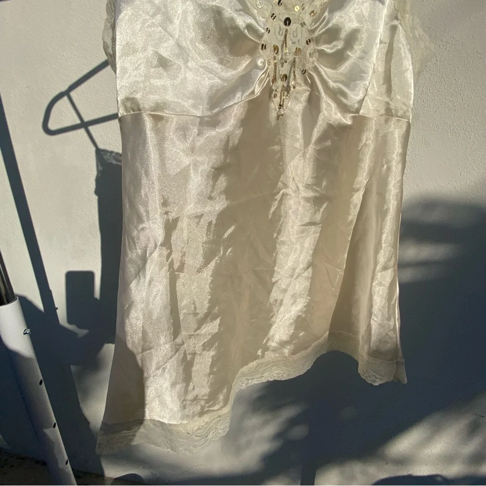 Y2K Fairy Ivory Satin Gold Sequin Beaded Cami Tank Top Size Medium - Picture 6 of 9